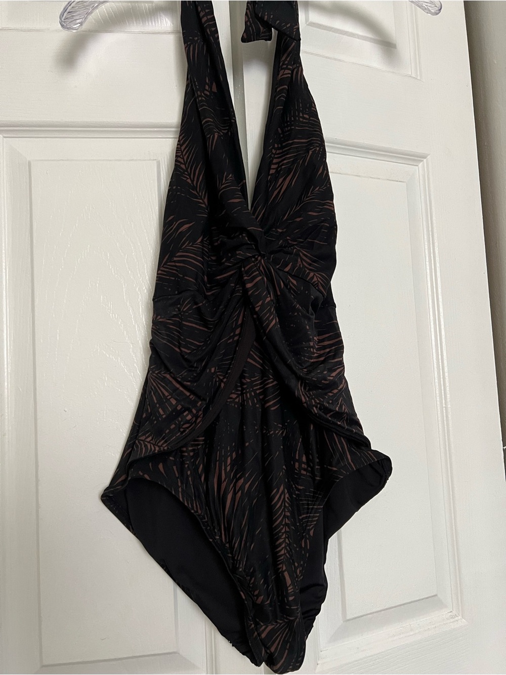 Black Halter Twist One-Piece Swimsuit with Brown Feather Print